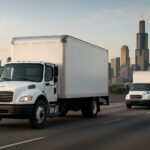 Two white moving trucks on a highway with a city skyline in the background during sunset