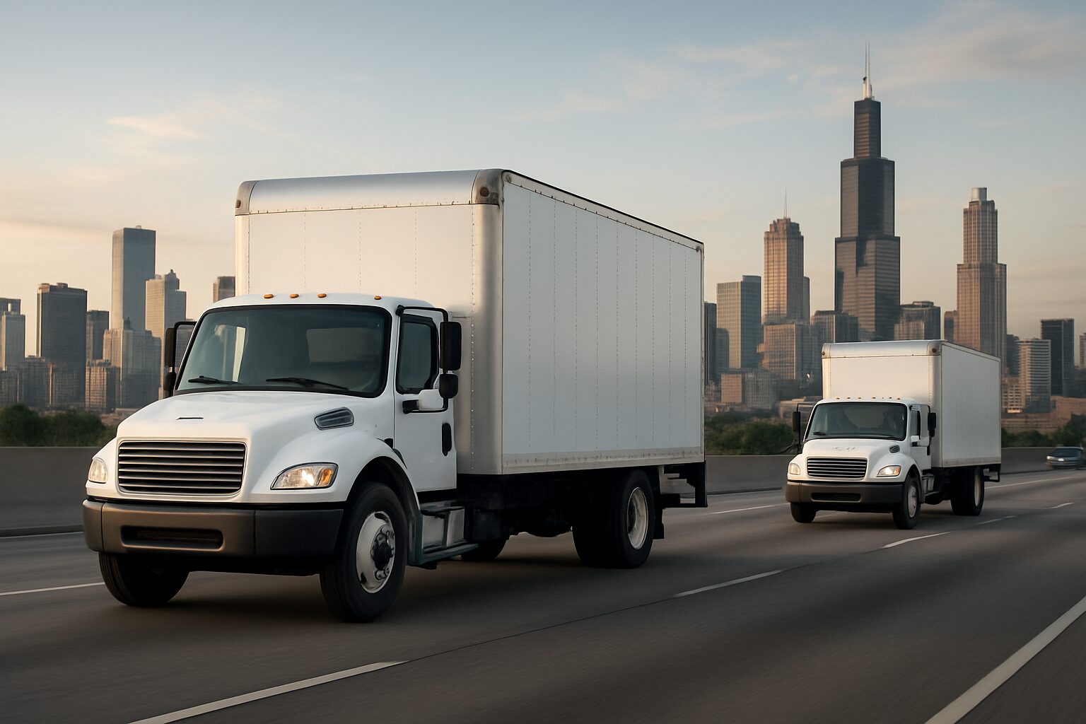 Two white moving trucks on a highway with a city skyline in the background during sunset