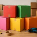 Colorful packing boxes arranged artistically with tape and a drill in a minimalist setting