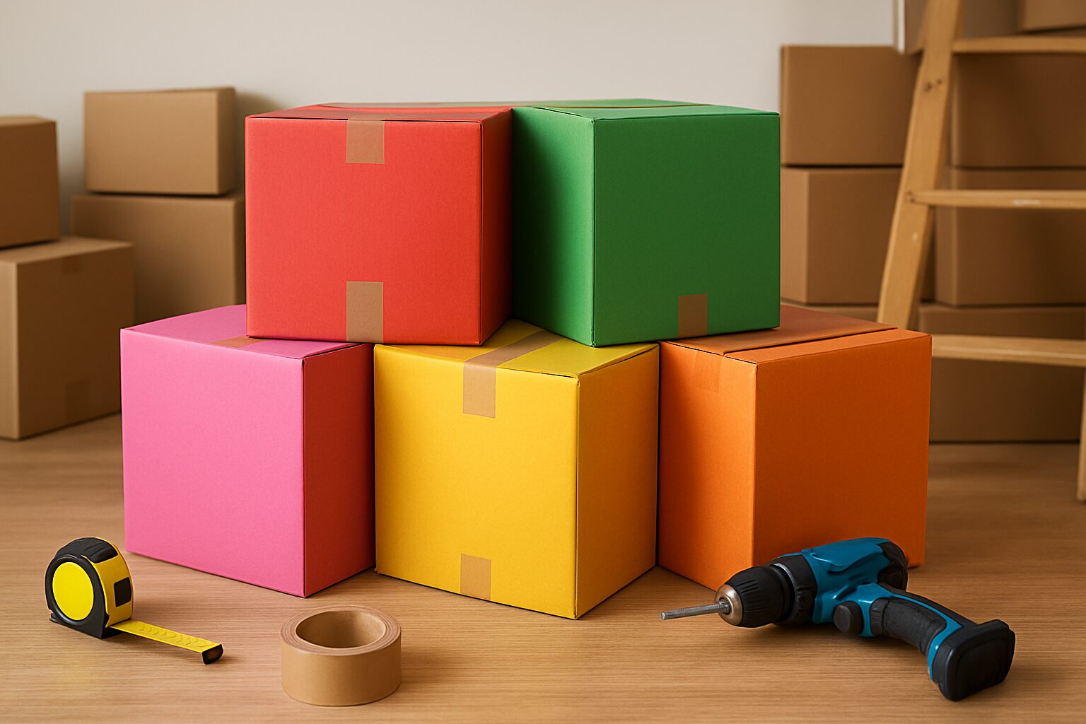 Colorful packing boxes arranged artistically with tape and a drill in a minimalist setting