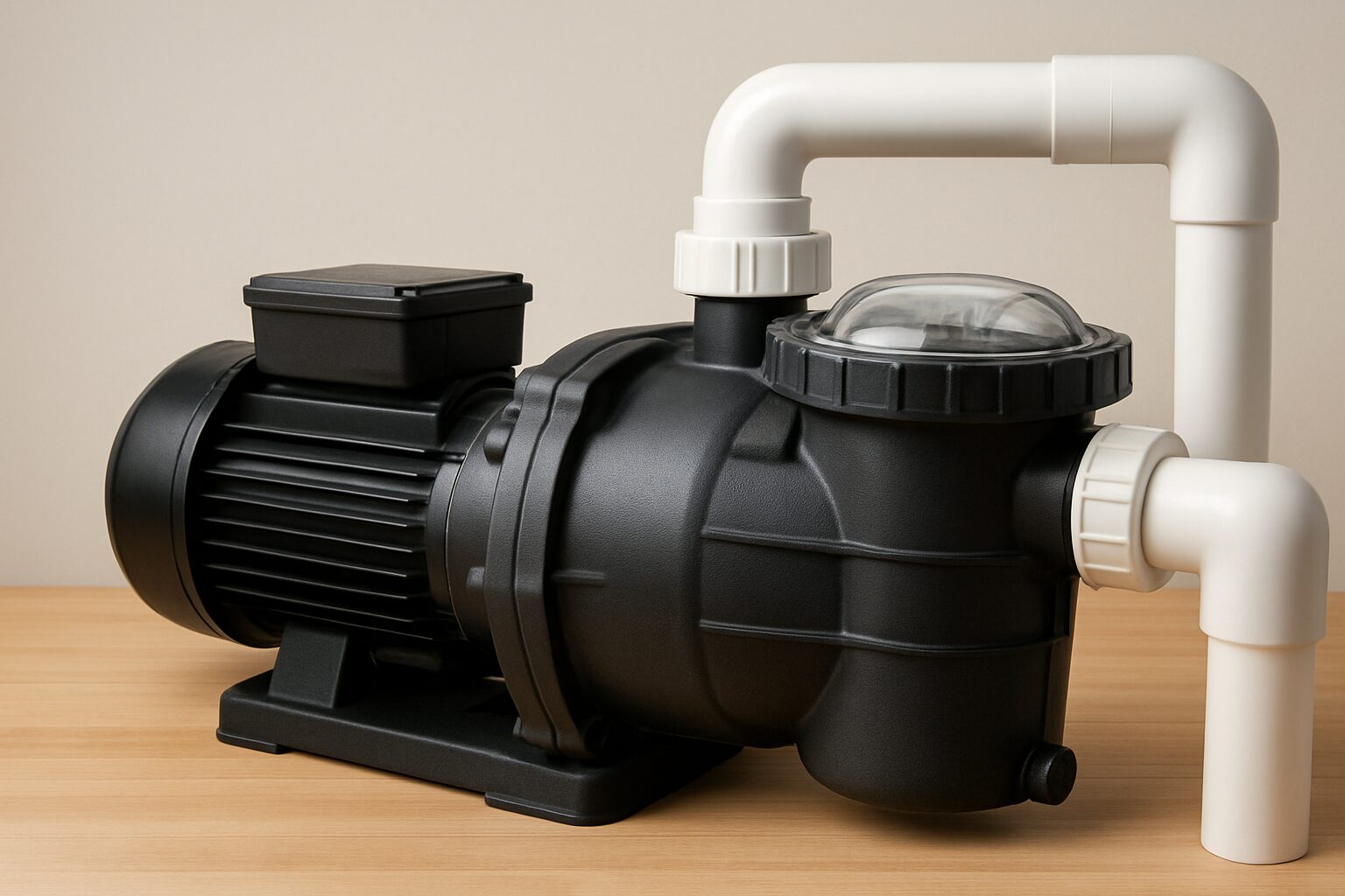 A close-up view of a pool pump with visible pipes and motor, set against a neutral background.